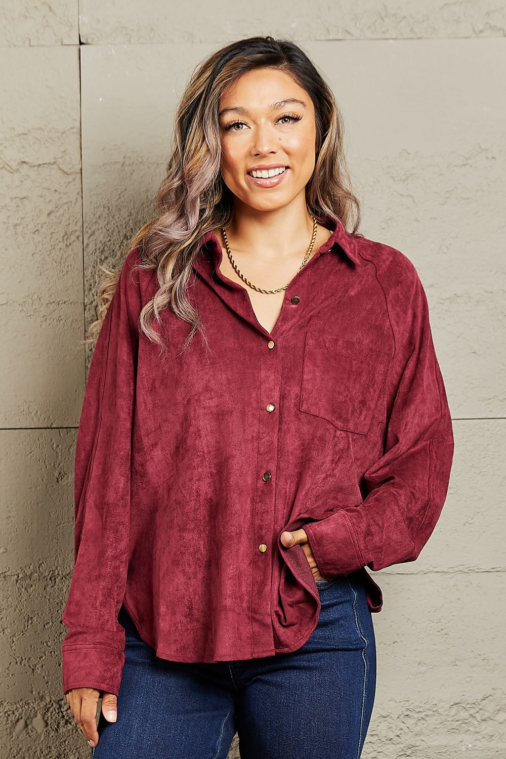 Impressive Vibe Suede Button Down Shirt-Modish Lily, Tecumseh Michigan